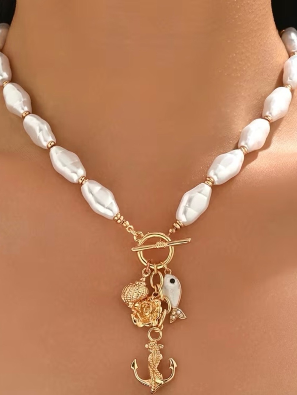 Gold Anchor Charm Pearl Bead Necklace - White